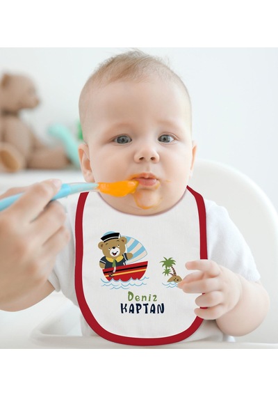BK Kids Kişiye Özel Sevimli Kaptan Tasarımlı Kırmızı Bebek Mama Ö Kırmızı