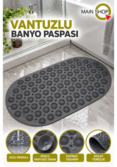 Vantuzlu Banyo Ve Duşakabin Kaydırmaz Paspas, Küvet İçi Masaj Etkili Mat 37x69 Cm M-142 Gri