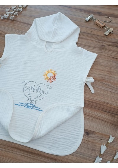 4 Kat Müslin Ekru Panço Bebek Çocuk Plaj Banyo Havlusu Nakışlı % 100 Pamuklu 2-3-4 Yaş Hvl55119 2 Yaş