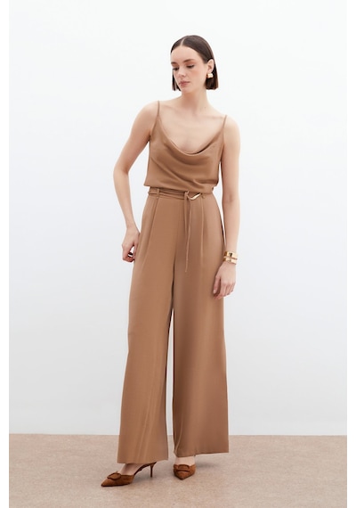 Sateen Kemerli Salaş Pantolon - Vizon-136065 Vizon