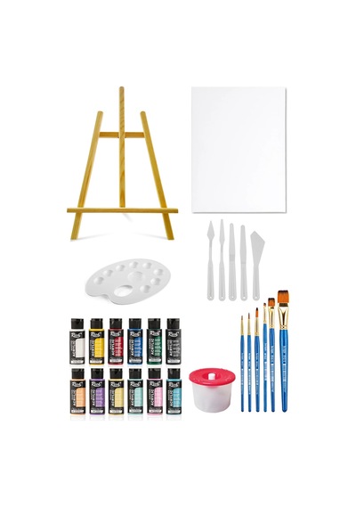 Mastermix Akrilik Boya Seti 6 Ana Renk 6 Pastel Renk Masaüstü Şövale Tuval Seti 35x50 Plastik Spatül Çok Renkli