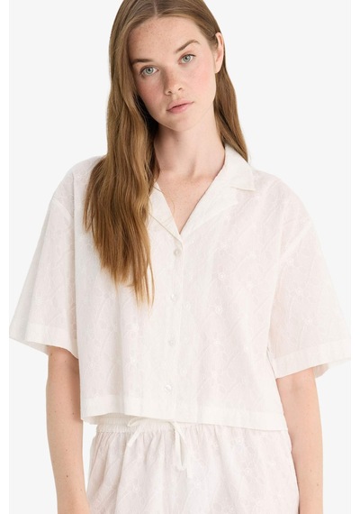 Defacto Oversize Geniş Kalıp Pijama Yaka Nakışlı Brode Kısa Kollu Gömlek B9022ax25smwt32 Beyaz