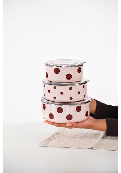Emaylabxpeppythings Cherry Emaye Üçlü Saklama Kabı Seti Ocaklarda Kullanılabilir Pembe - Bordo