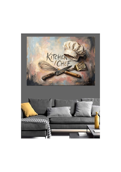 Kitchen Chef Şapkası Ve Bıçaklar Yağlı Boya Dokulu Kanvas Tablo Canvas Tablosu
