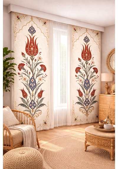 140x260 Ölçüsünde 2 Adet Bohem Fon Perde. Boho Tarz Koleksiyon Ürünü. Çok Renkli Bej