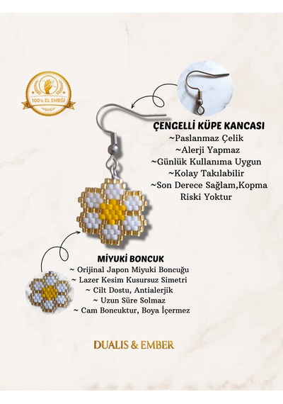 Çiçek Desenli Miyuki Küpe Beyaz - Sarı