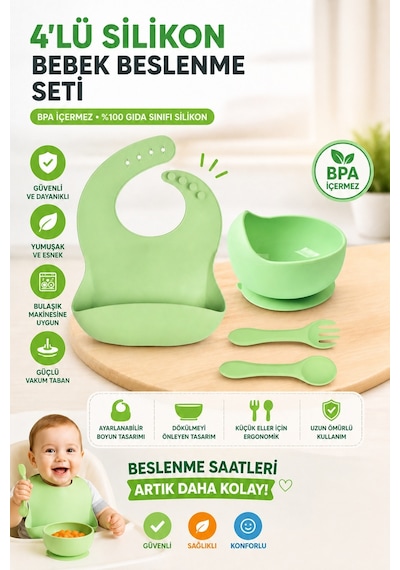 Jojobebek Çocuk Silikon Mama Önlüğü, Silikon Vakumlu Kase, Silikon Kaşık Ve Çatal / Yeşil
