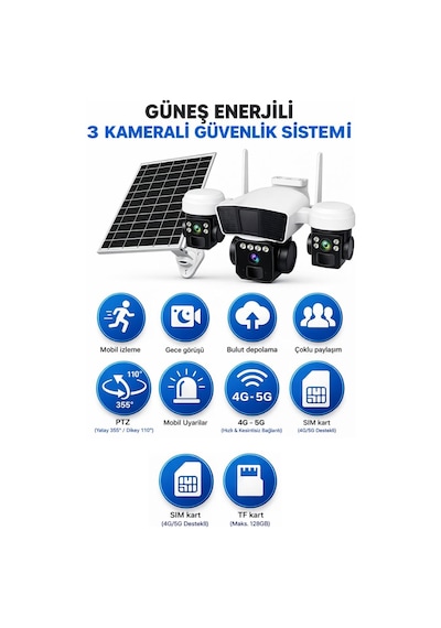 Rx95g Solar Güvenlik Kamerası Türkçe 4g Sim Kartlı Ptz Hareketli Gece Görüşlü Güneş Panelli Kamera