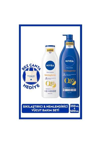 NIVEA Q10 Sıkılaştırıcı Vücut Bakım Sütü 400 ML + Losyon 250 ML + C Vitamini 48 Saat Nem + Bez Çanta