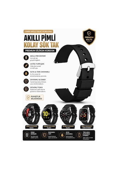 Garmin Forerunner 745 Uyumlu Siyah Yumuşak Silikon 22mm Akıllı Saat Kordonu