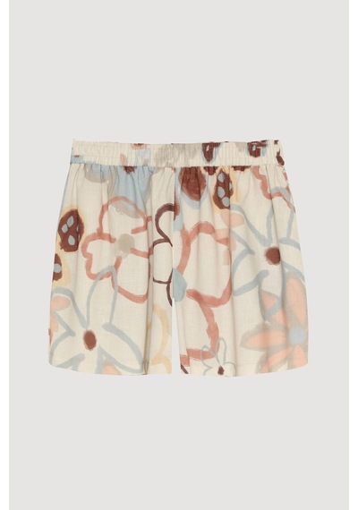 Quzu Beli Lastikli Desenli Keten Mini Şort Naturel Krem