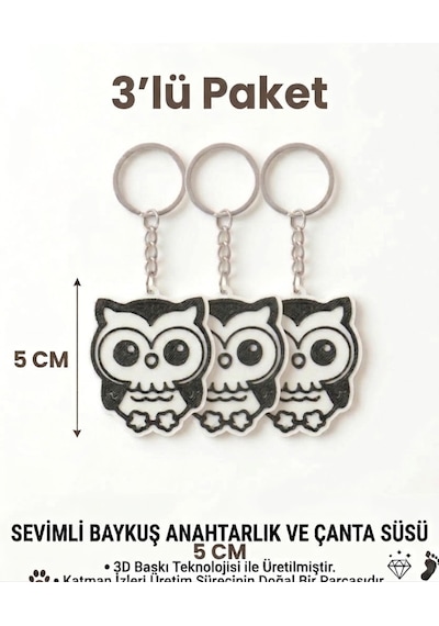 3'lü Sevimli Baykuş Anahtarlık & Çanta Süsü Beyaz - Siyah