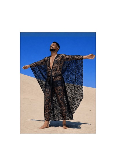 Qmen Style Erkek Plaj Kaftanı Siyah Lace Dandel Siyah