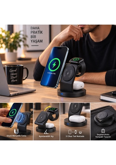 Mi 17 Pro Max Uyumlu 3 Ü 1 Arada Manyetik Kablosuz Şarj Standı Telefon, Akıllı Saat Ve Kulaklık Şarj İstasyonu Siyah