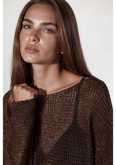 Hiccup İç Gösteren Kayık Yaka Triko Kazak Koyu Mocha Kahve