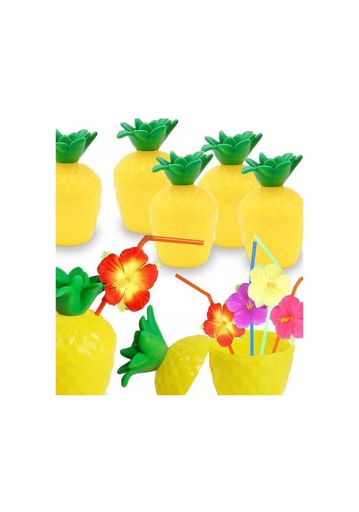 Ananas Hawaii Luau Aloha Pipetli İçecek Kabı Bardak 10x13 Cm 1 Adet Evimdeyokyok Çok Renkli