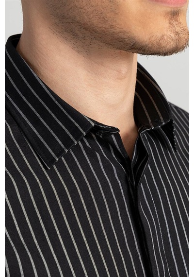 Tudors Slim Fit Dar Kesim Çizgili Oxford Spor Gömlek-20628 Siyah