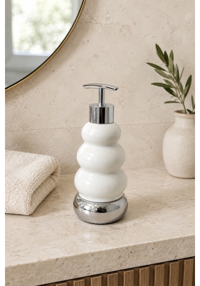 Trıo Dekoratif Premium 3 Boğumlu Sıvı Sabunluk 300 Ml Krom Görünümlü Pompalı Pastel Yeşil Banyo Ve Mutfak Sabun Dispenseri - 18,5 Cm X 7 Cm Beyaz