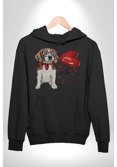 Poodle Ve Beagle Sevililer Günü Hediyesi Kadın Erkek Siyah Kapüşonlu Sweatshirt Hoodie Siyah