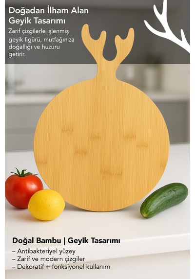 Yuvarlak Bambu Kesme Tahtası - Geyik Model Servis Sunum Tahtası Sunumluk Kesim Panosu 36x26 Cm Bej
