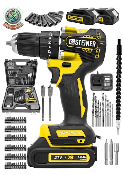 Steiner 21 V Darbeli Profesyonel Kömürsüz Motor Metal Şanzıman Çift Akülü Şarjlı Vidalama Matkap 84 Parça Sarı