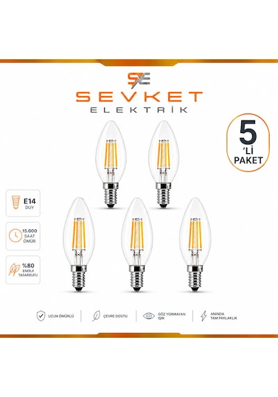 6w E14 Şeffaf Günışığı Mum Rustik Led Ampul 5 Adet