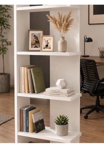 Andes Dekoratif Kitaplık Ve Çok Amaçlı Raf Ünitesi Modern Salon Kitaplığı Açık Raf Sistemi Beyaz