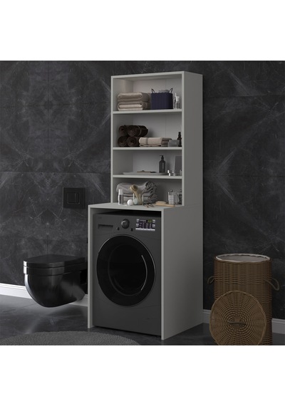 Asra Trend Çamaşır Makinesi Üstü Banyo Dolabı BD-04 %100 MDF 4 Katlı Organizer Raf Kül Gri