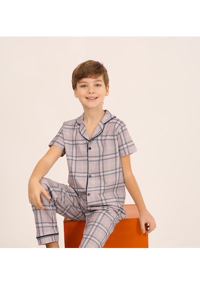 Vitmo Erkek Çocuk Kısa Kollu Düğmeli %100 Pamuklu Pijama Takımı Cooper Gri