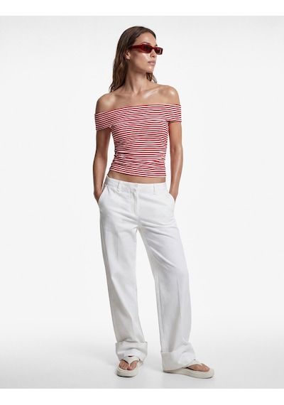 Koton Koton X Sibil Çetinkaya - Slim Fit Drape Detaylı Çizgili Omzu Açık Bluz Kırmızı Çizgili 6sak10105uk Koton Koton X Sibil Çetinkaya - Slim Fit Drape Detaylı Çizgili Omzu Açık Bluz Kırmızı Çizgili 6sak10105uk