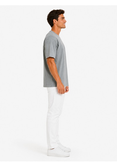 Vasto Moda Erkek Tam Oversize Kalıp Kalın Dokulu Organik Pamuk Bisiklet Ribana Yakalı Açık Gri T-shirt