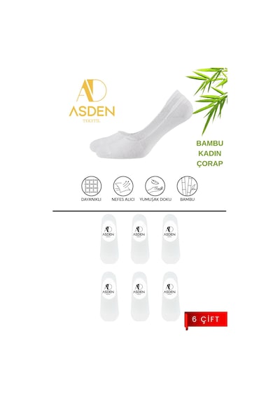 Asden Bambu Kadın Babet Beyaz 6'lı Paket, Dikişsiz, Kaydırmaz Silikonlu Topuk Çok Renkli