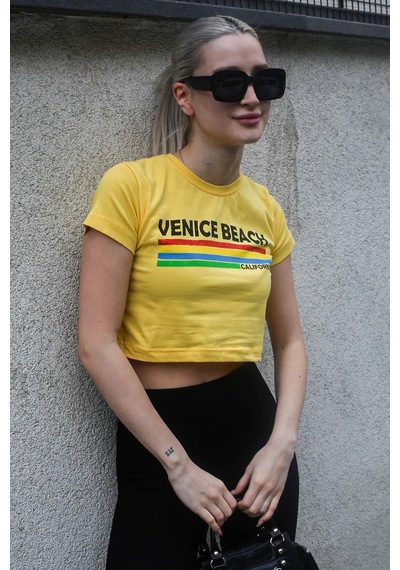 Sarı Baskılı Crop Tişört Mg1535