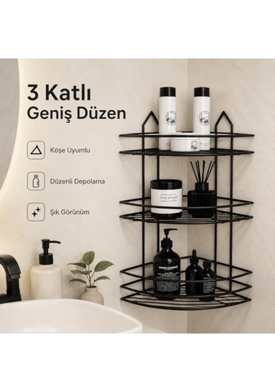 Katlı Siyah Paslanmaz Duvar Veya Tezgah Üstü Köşe Rafı Köşelik Rafı Kahve Rafı Delme Gerektirmez Yapışkanlı Diğer
