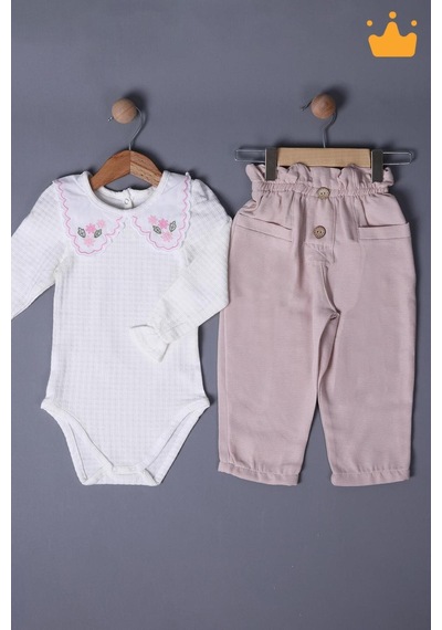 Babyhola 1-3 Yaş Kız Bebek Çocuk Çıtçıtlı Badi Pantolon Şık Alt Üst 2'li Takım Bayramlık 2327 Beyaz