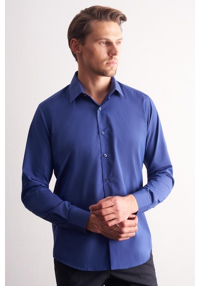 İmza Açık Lacivert Sert Yaka Filafil Desen Uzun Kol Slim Fit Pamuklu Gömlek 1004255181 Açık Lacivert