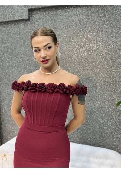 E&a Eren Abiye Bebe Mavisi Madonna Yaka Cıcek Detaylı Balık Elbıse Bordo