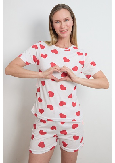 Fullamoda Kalp Baskılı Bisiklet Yaka Şortlu Pijama Takımı Beyaz