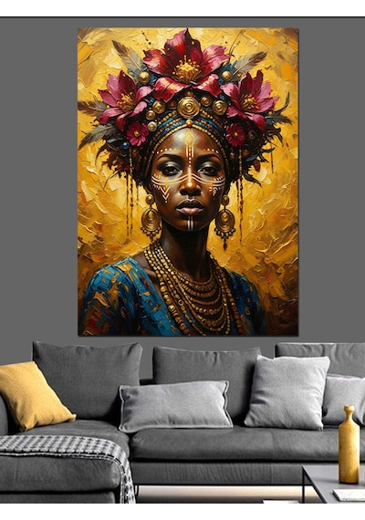 Ahşap Tablo Çiçek Taçlı Afrikalı Kadın