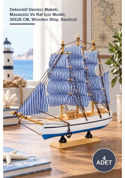 4 Adet Ahşap Gemi Dekoratif Denizci Maketi, Masaüstü Ve Raf İçin Model, 30x28 Cm, Wooden Ship, Nautical 2