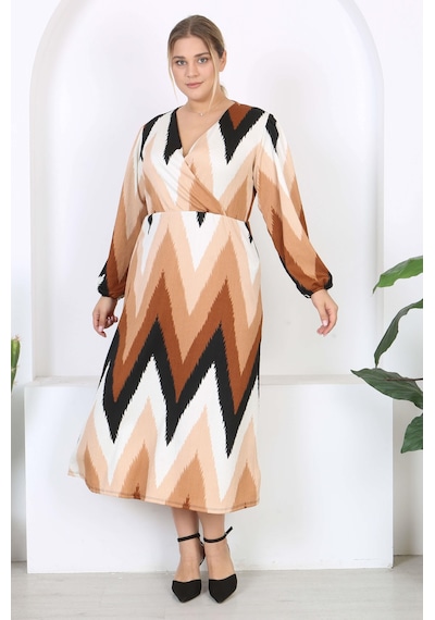 Mooi Xxl Kadın Kahve Zigzag Desen Kruvaze Yaka Balon Kol Maxi Boy Bürümcük Elbise Kahverengi