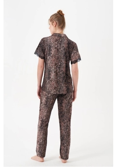 Kocabey 29068 Kadın Kısa Kollu Düğmeli Pijama Takım Kahverengi