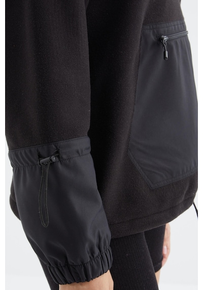 Tommy Life Siyah Etek Ucu Büzgülü Yarım Fermuarlı Oversize Kadın Polar Sweatshirt - 97238 Siyah