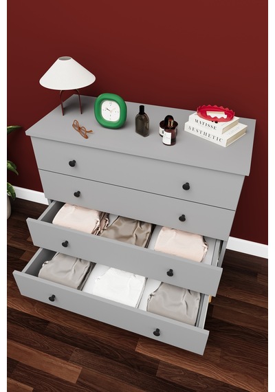 Lüks 4 Çekmeceli Şifonyer Komodin %100 Mdf Çok Amaçlı Düzenleyici Şf02 Kül Gri