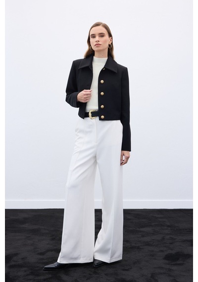 Sateen Düğmeli Kısa Ceket - Siyah-136589 Siyah