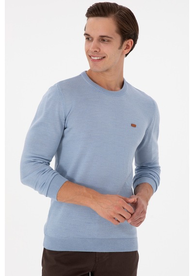 U.S. Polo Assn. Erkek Slim Fit Bisiklet Yaka Açık Mavi Melanj Kazak 50297040-VR112