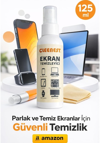 Ekran Temizleyici Seti 125 Ml Nazik Sprey & Yumuşacık 200 Gr/m2 30x30 Kaşmir Bez Tüm Ekranlar İçin Parlak Çözüm
