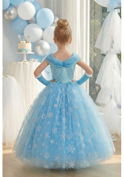 Butikhappykids Kız Çocuk Kostüm Mavi Elsa Frozen Düşük Omuz Detaylı Kasnaklı Kabarık Elsa Kostüm 3-8 Yaş Mavi