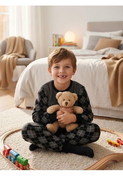 Zekids Erkek Çocuk Basketball Baskılı Polar Pijama Takımı-16814 Grı
