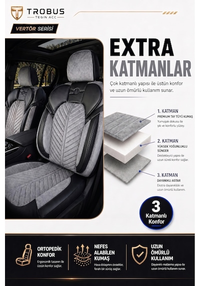 Renault Megane 1-3 1996-2016 Uyumlu Süvari Serisi Gri Siyah Oto Koltuk Kılıfı